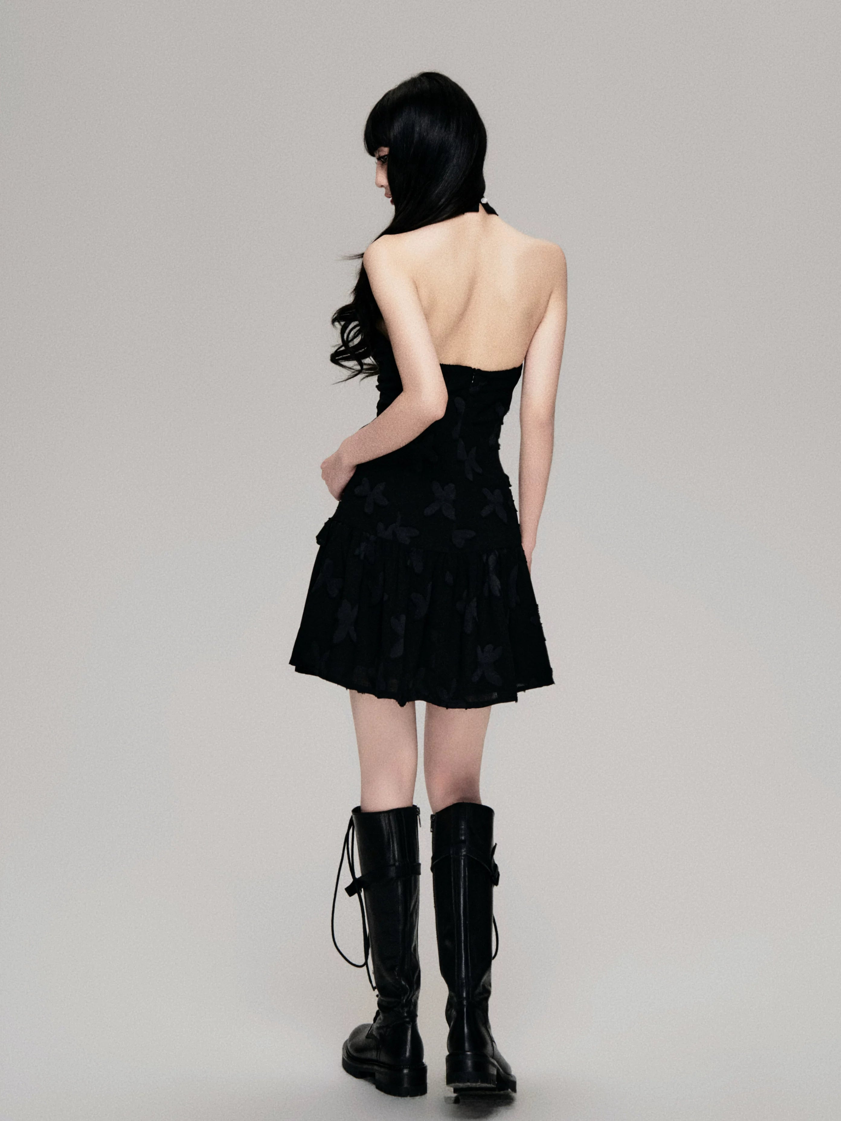 Textured Cut-Out Floral Halter Mini Dress