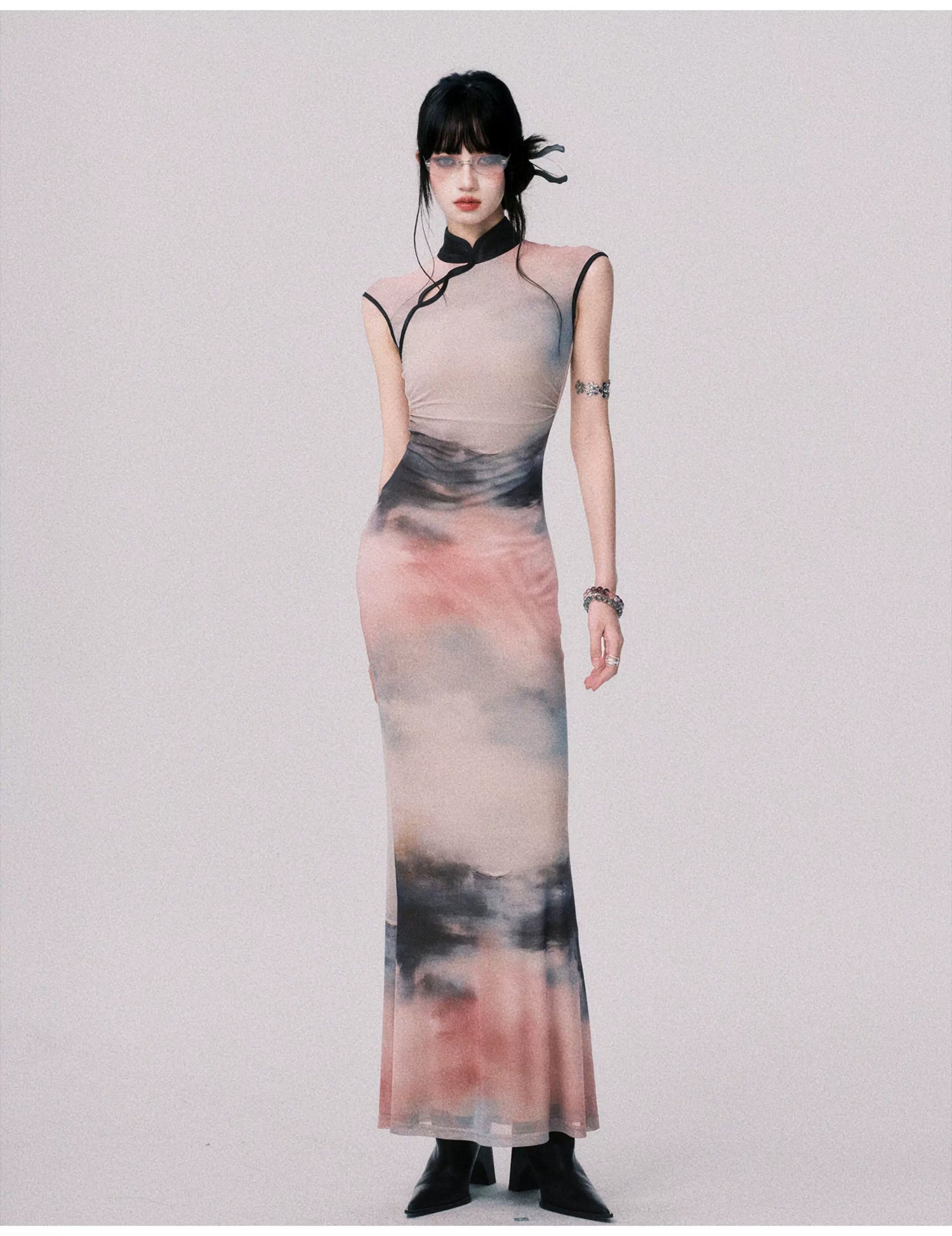 Stretch Mesh Cheongsam Maxi Dress