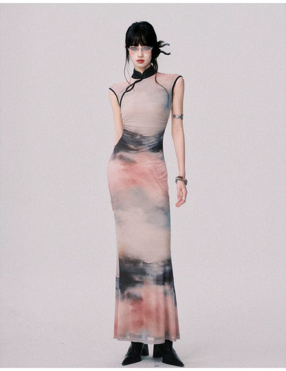 Stretch Mesh Cheongsam Maxi Dress