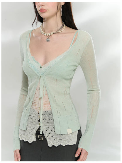 Sheer Layered Lace-Trim Knit Cardigan