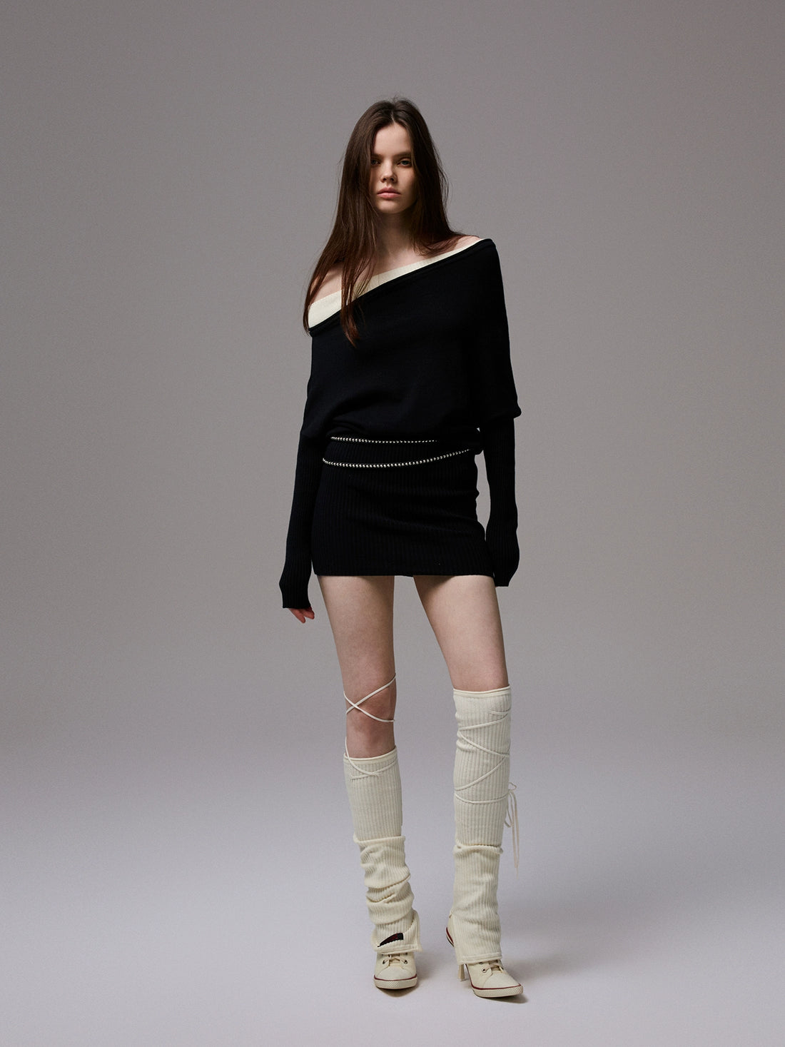 Asymmetric Contrast Knit Dress