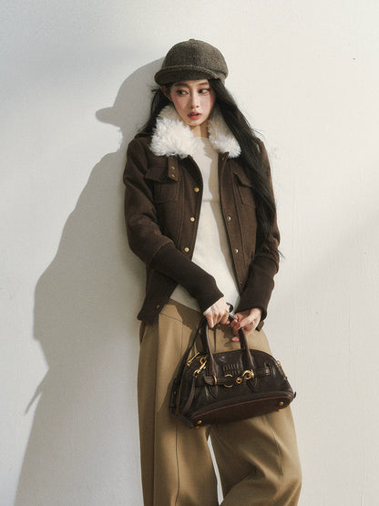 Vintage-Inspired Brown Fleece Lining Wool-Blend Jacket