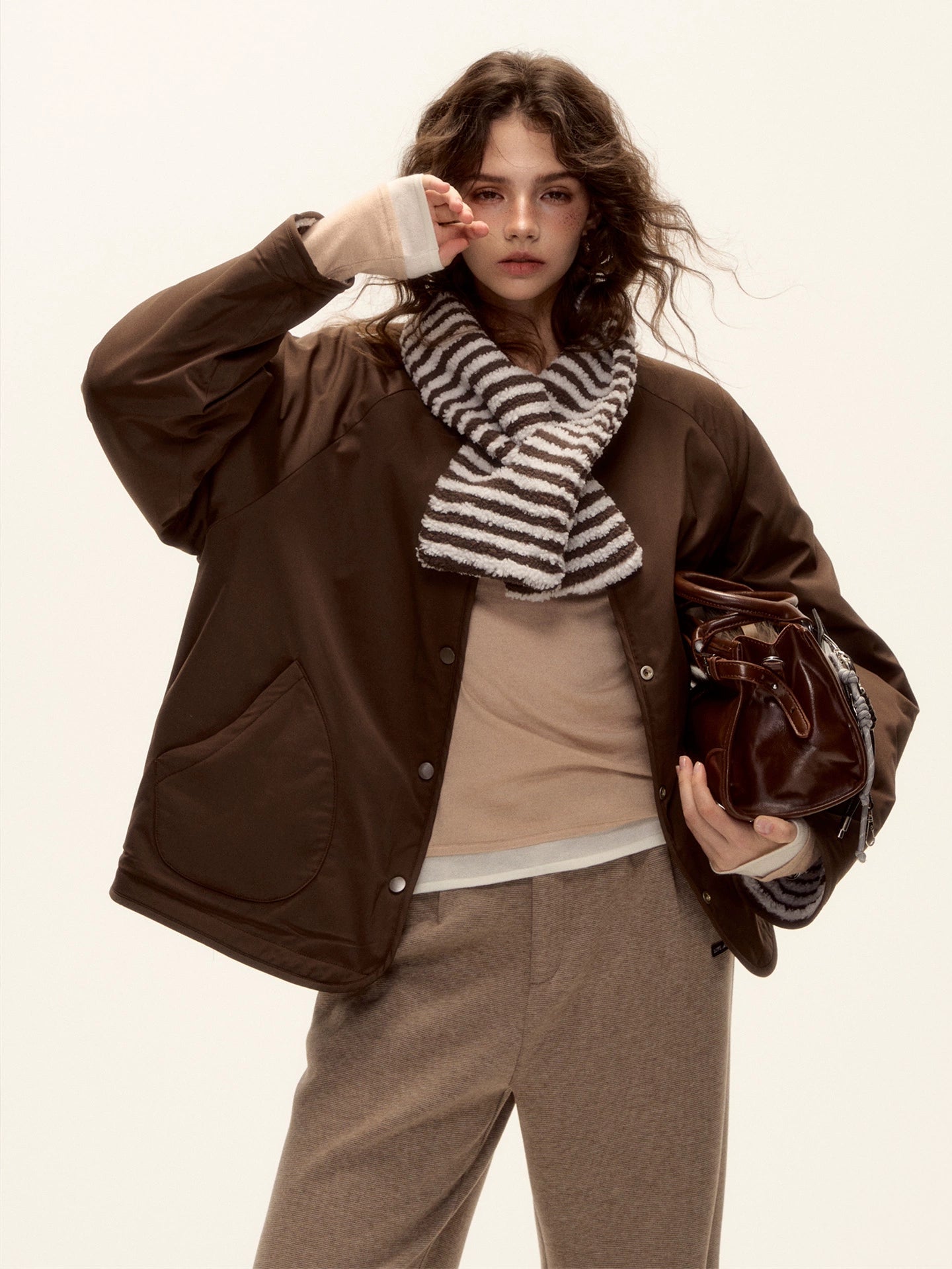 Reversible Striped Faux Scarf Detail Shearling Jacket