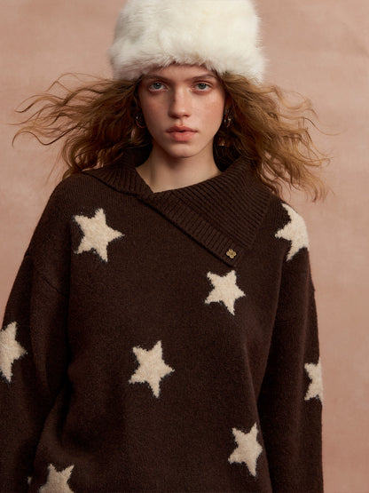 Asymmetric Star-Pattern Knit Sweater