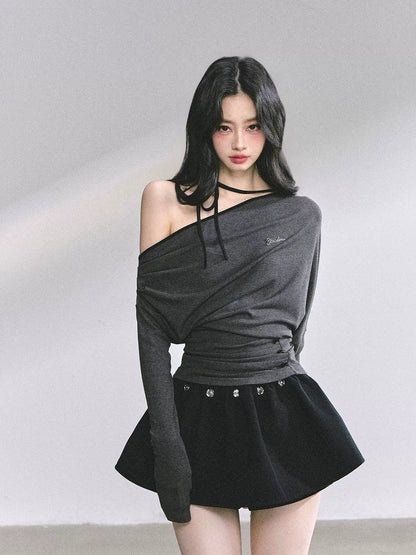 Off-Shoulder Halter Long-Sleeve T-Shirt