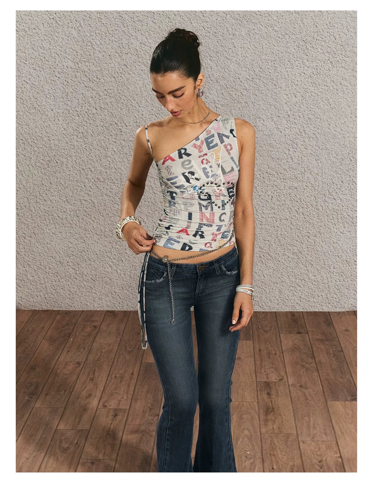 Vintage Graphic One-Shoulder Cinched Crop Tee