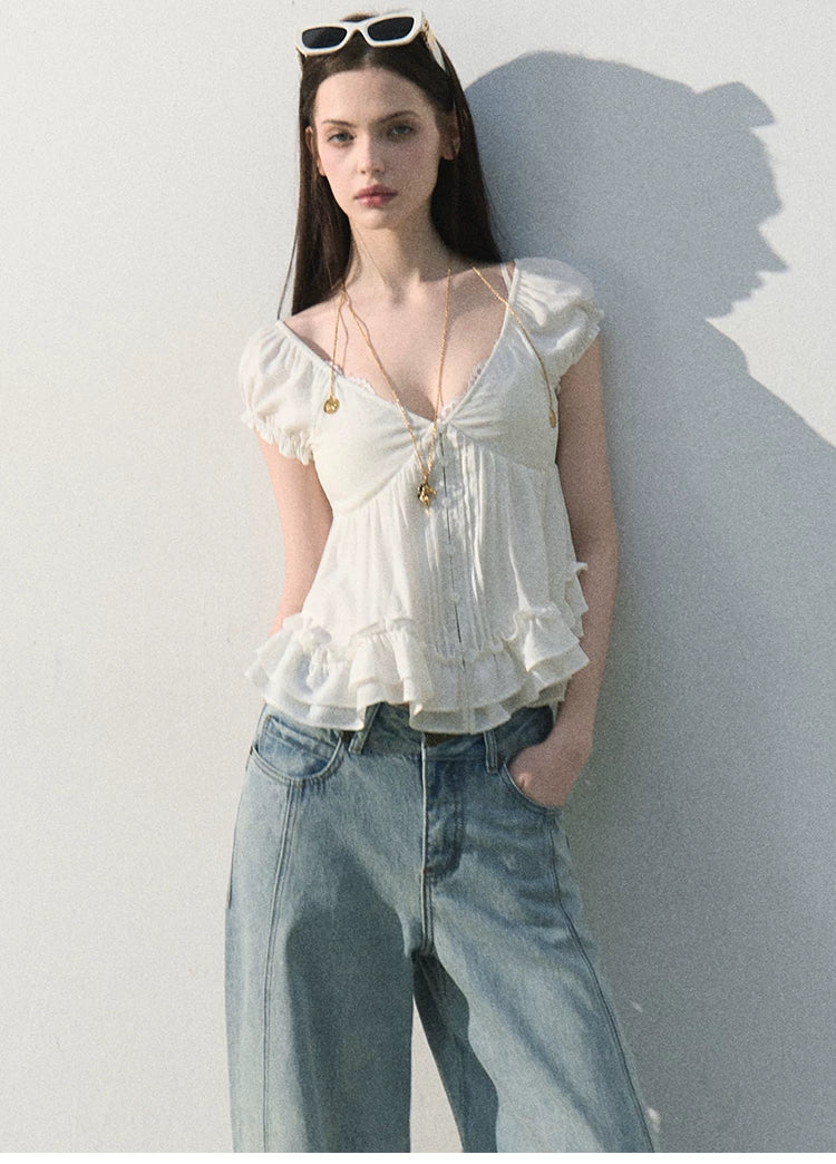 Ripple Romance Linen Blend Puff Sleeve Shirt