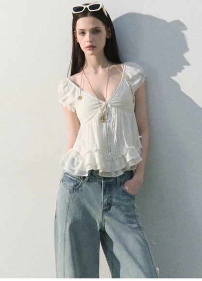 Ripple Romance Linen Blend Puff Sleeve Shirt