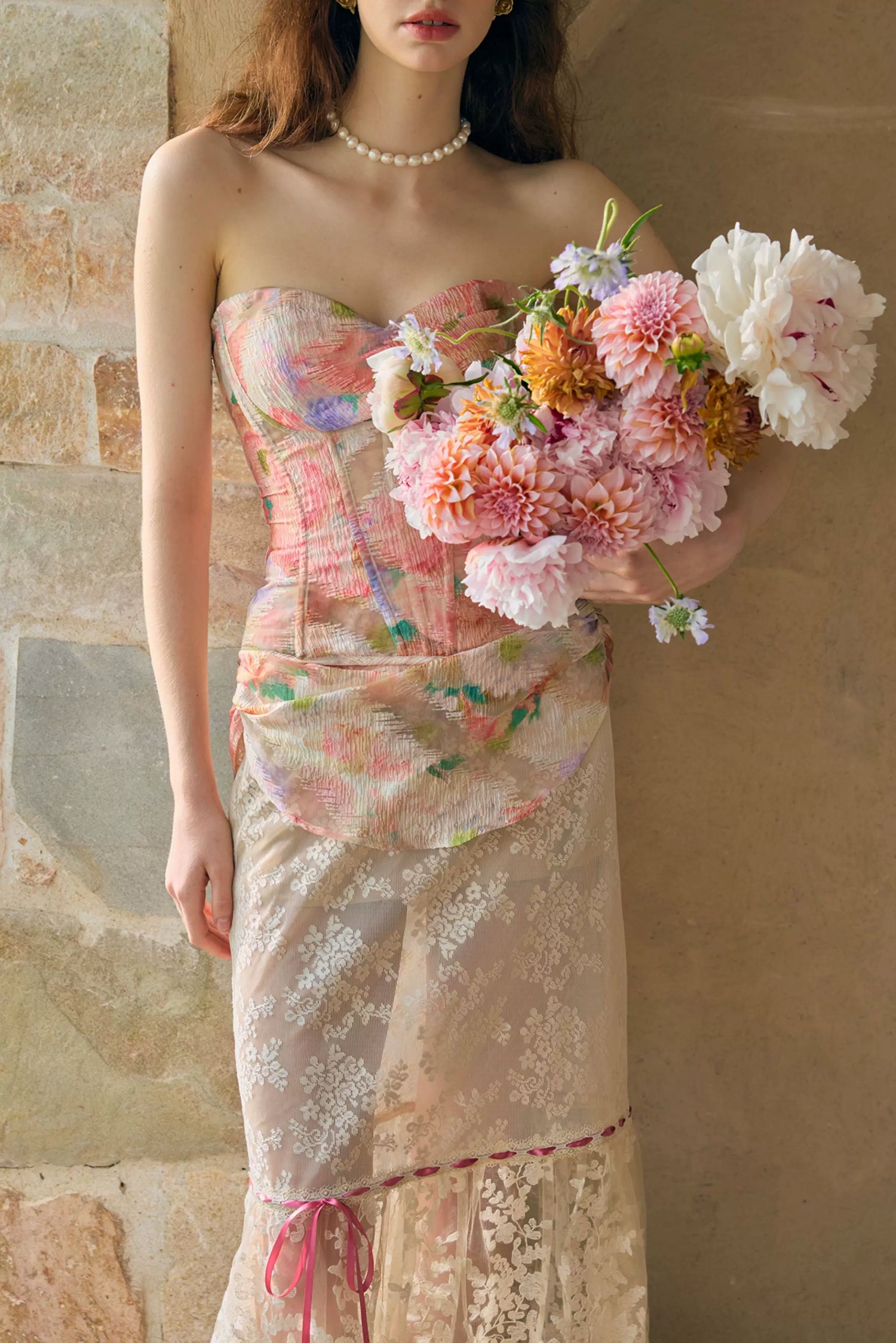 Romantic Oil-Paint Lace Corset Top &amp; Skirt Set