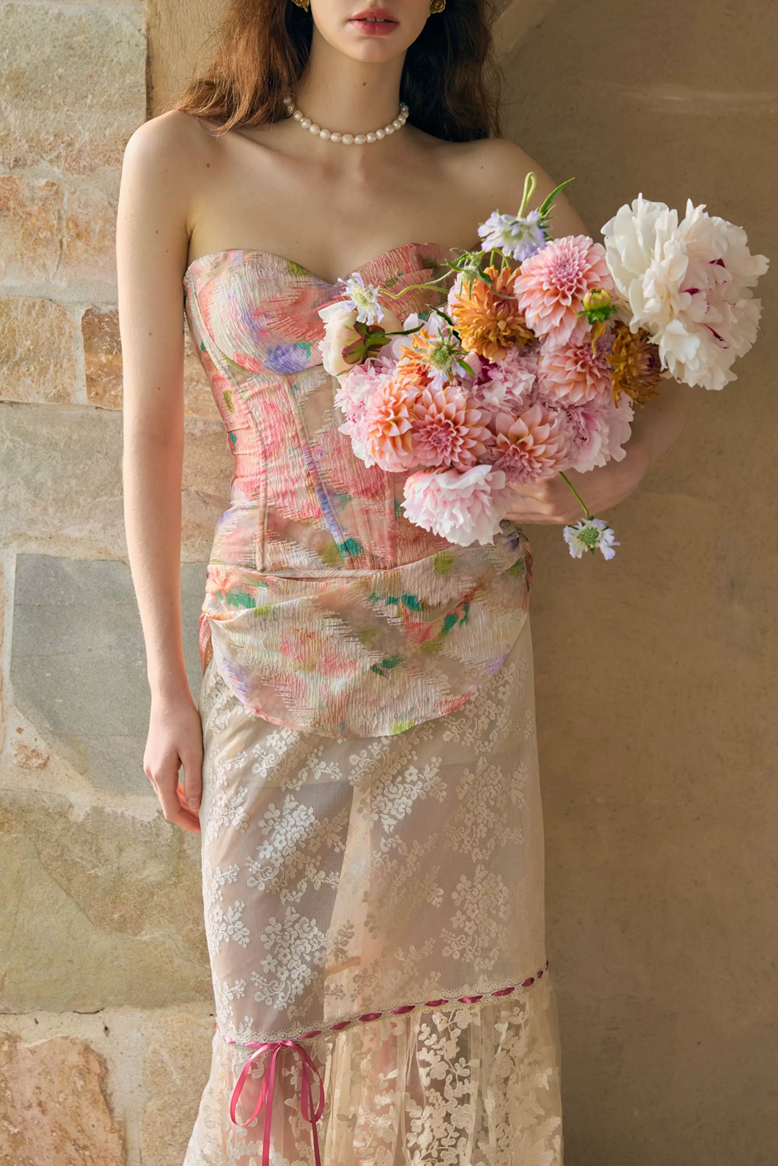 Romantic Oil-Paint Lace Corset Top &amp; Skirt Set