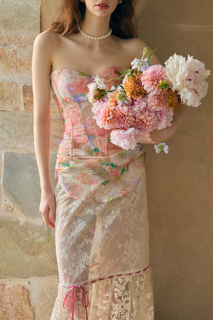 Romantic Oil-Paint Lace Corset Top &amp; Skirt Set