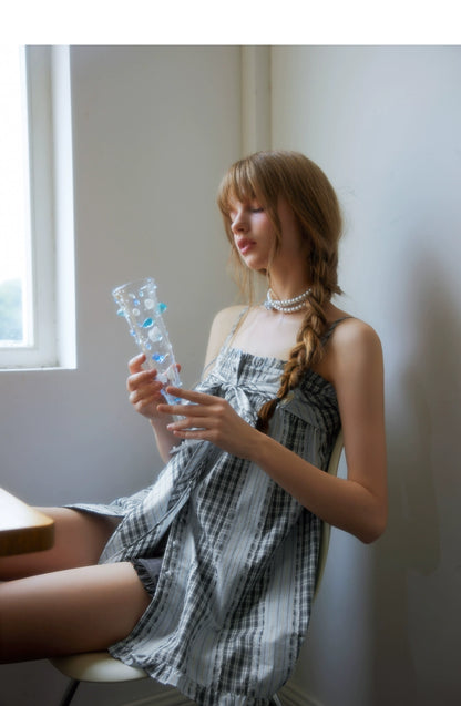 Blue Striped Bow-tie Halterneck Dress