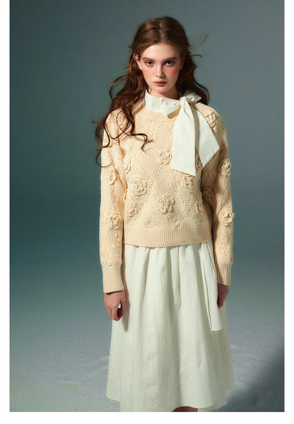 Beige Vintage Knitted Hollow-out Sweater - CHINASQUAD