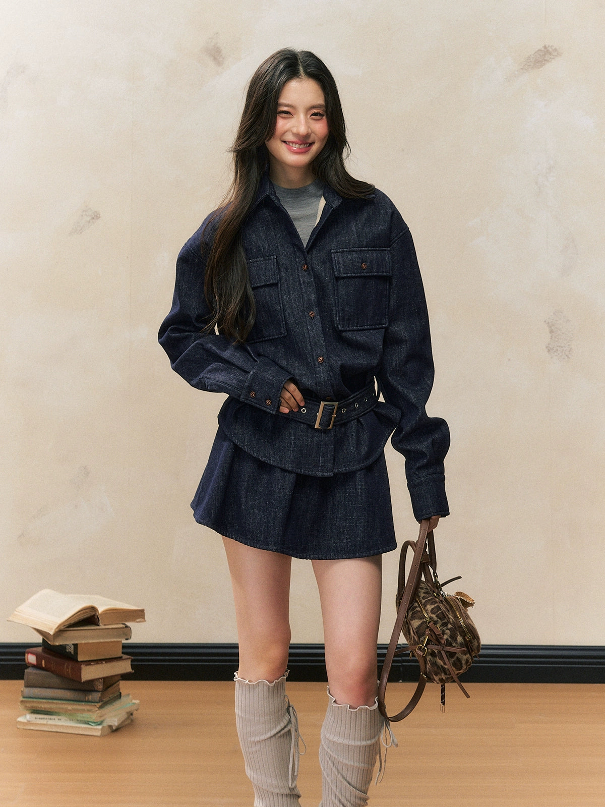 Fleece-Lined Waist-Cinched Denim Jacket Set