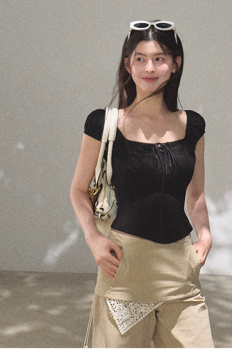 Ruched Waist Puff Sleeve Cropped T-shirt