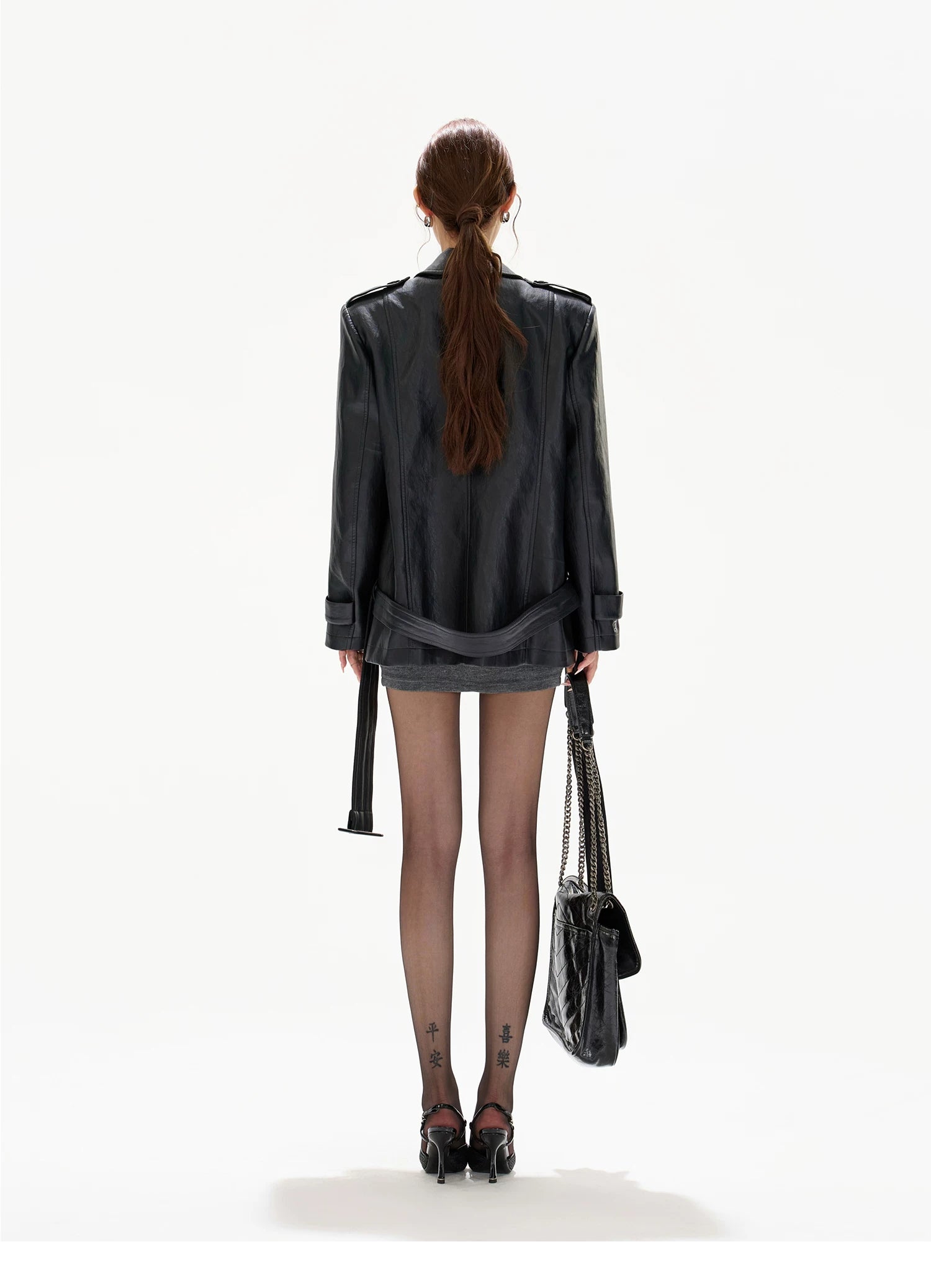 Double-Breasted Belted Faux Leather Jacket