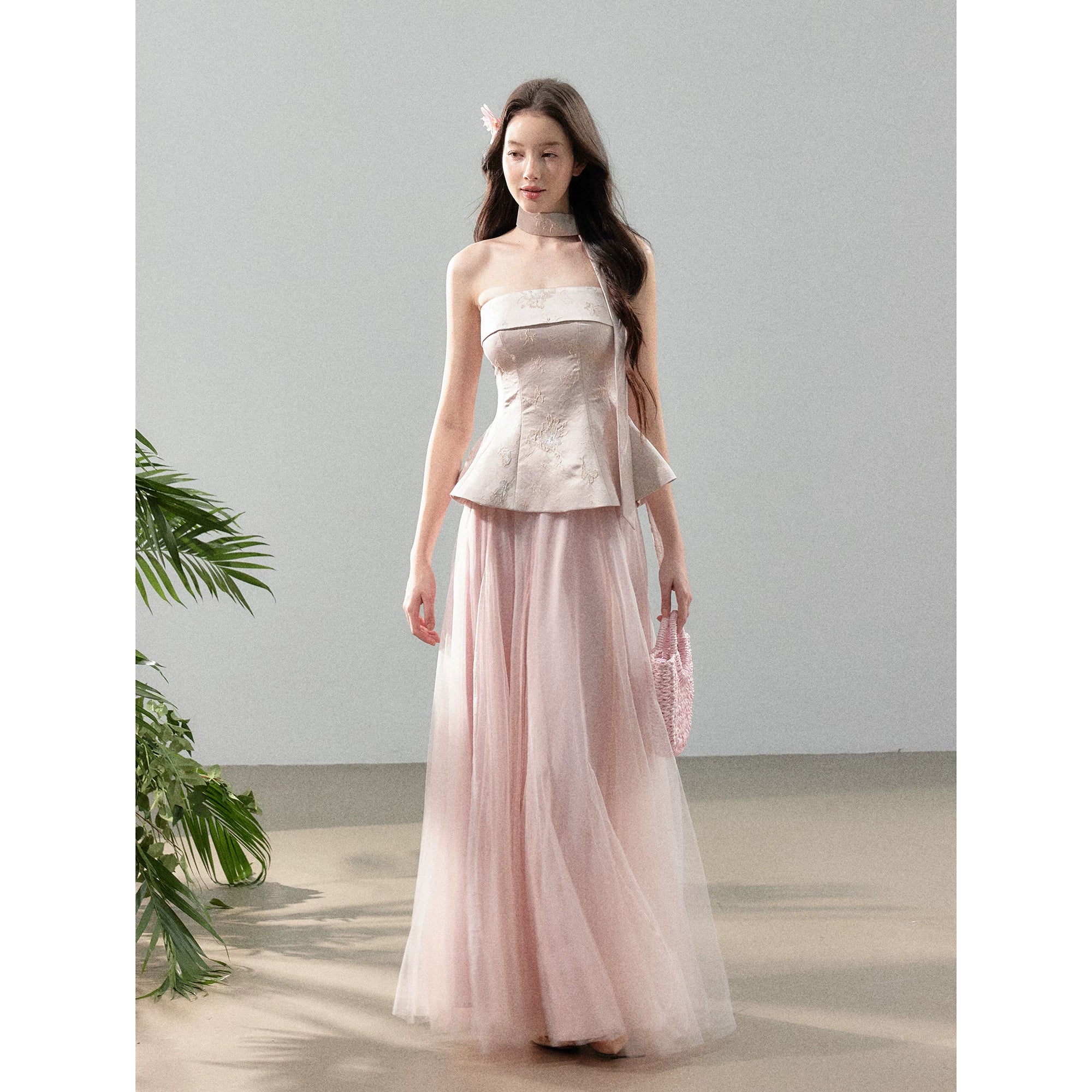 Floral Jacquard Corset Top &amp; Sheer Mesh Skirt Set