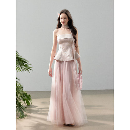 Floral Jacquard Corset Top &amp; Sheer Mesh Skirt Set