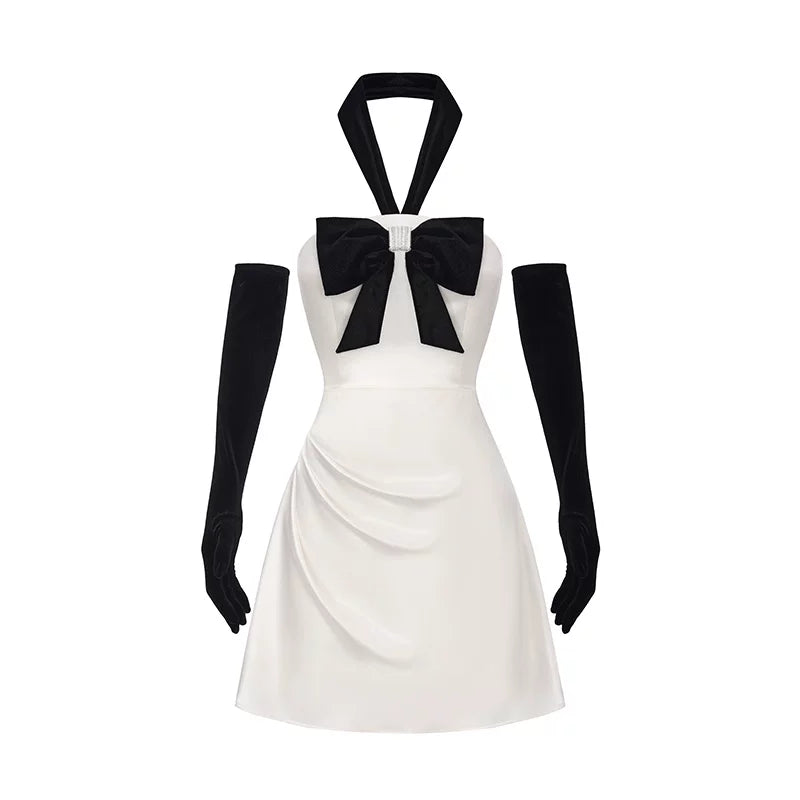Velvet Bow Halter Draped Satin Mini Dress