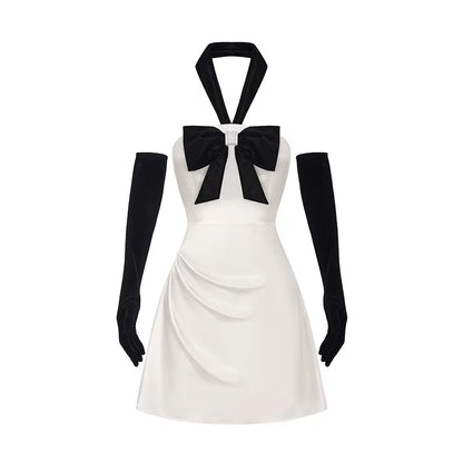Velvet Bow Halter Draped Satin Mini Dress