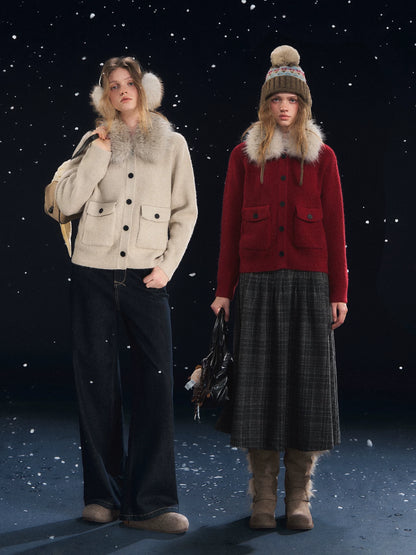 Detachable Fur Collar Ribbed Cardigan