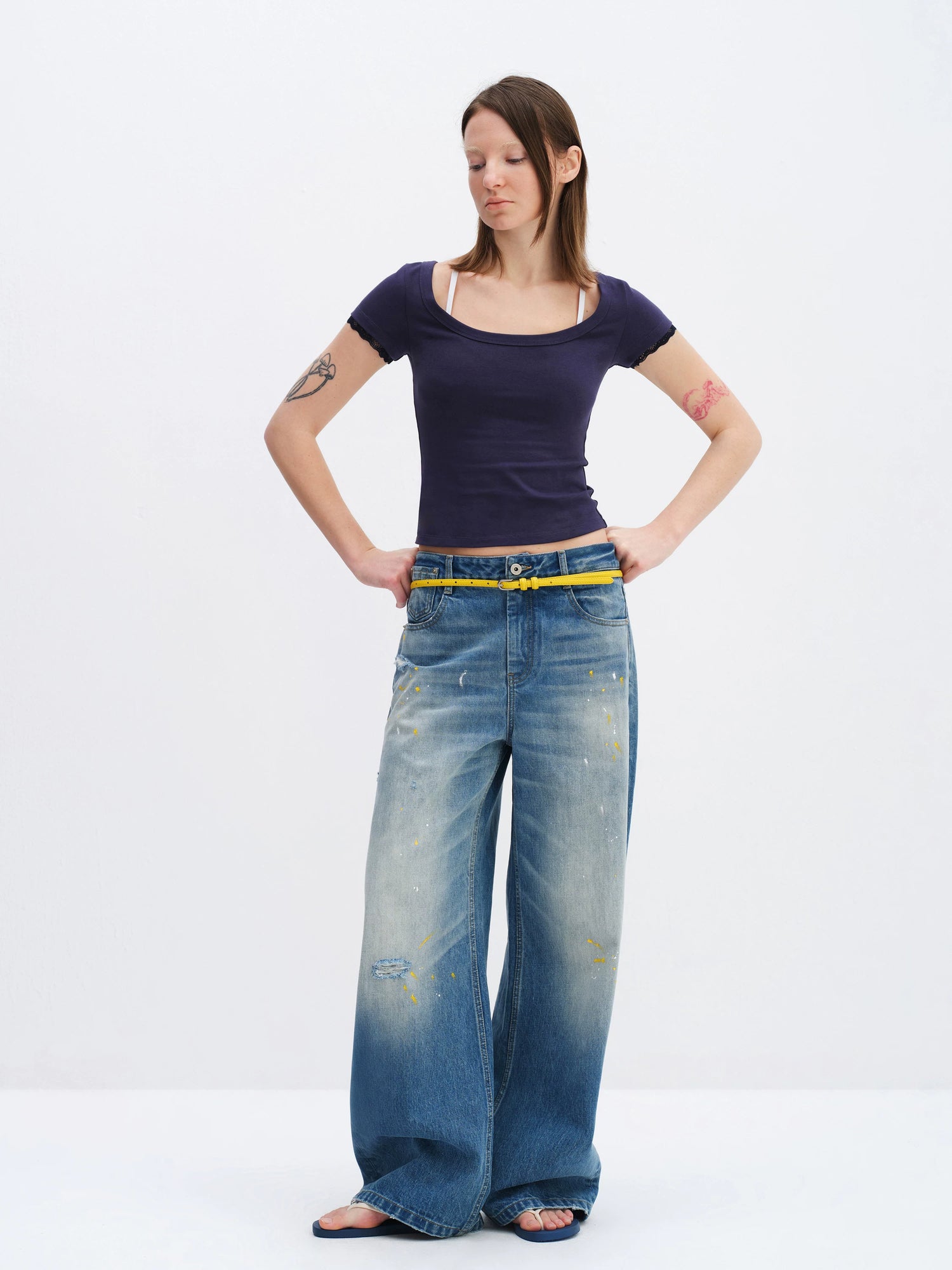 Washed Blue Curved-Leg Wide Denim Jeans