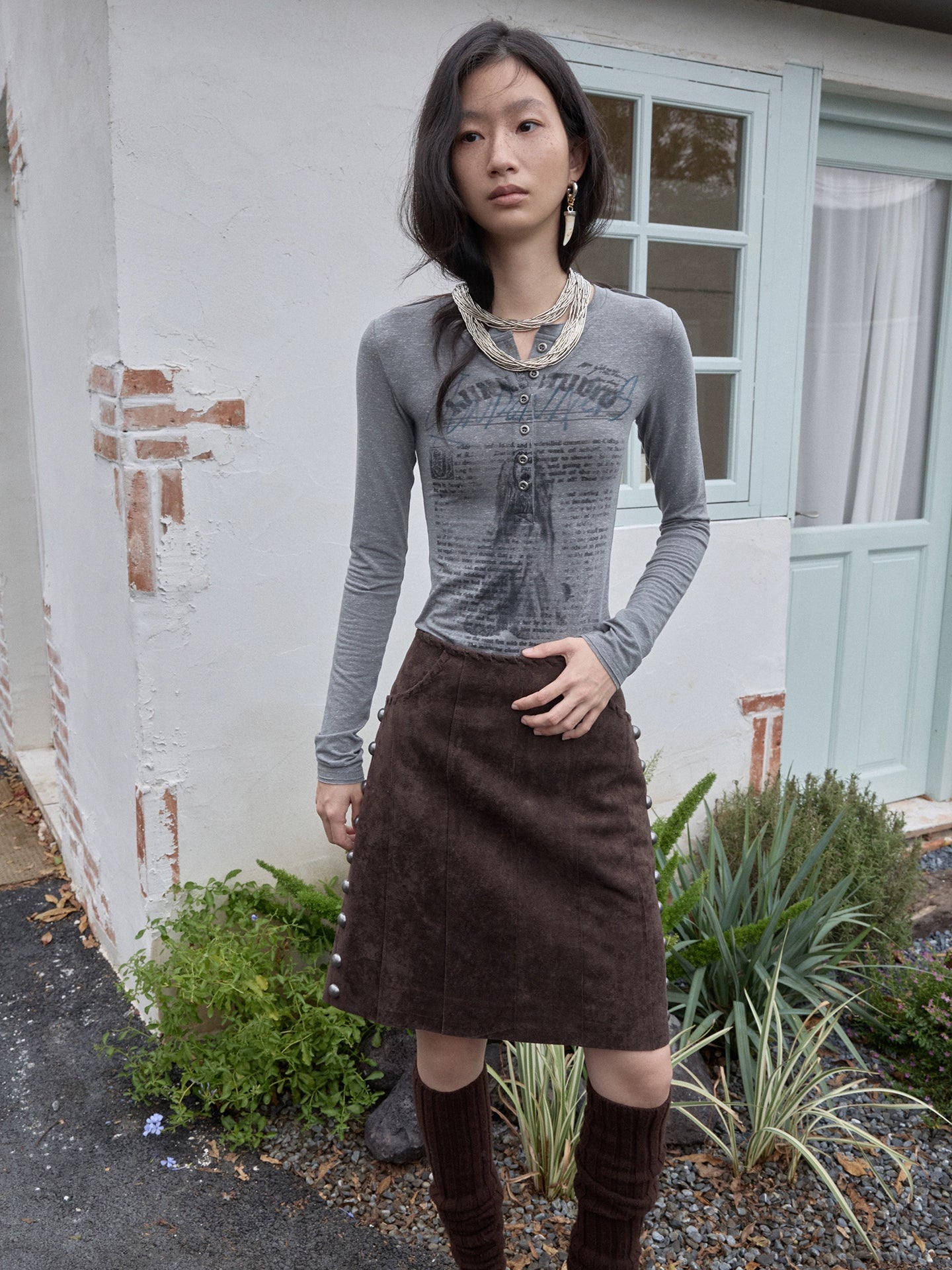 Henley Animal-Print Knitted Long Sleeves T-Shirt