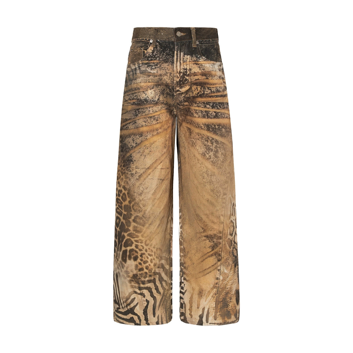 Washed Wide-Leg Printed Denim Pants