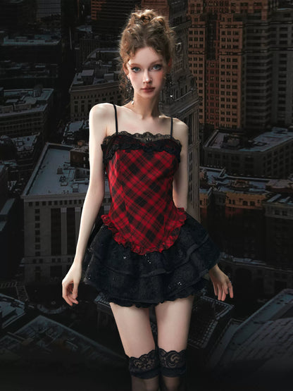 Plaid Puff Dress with Lace Overlay Set