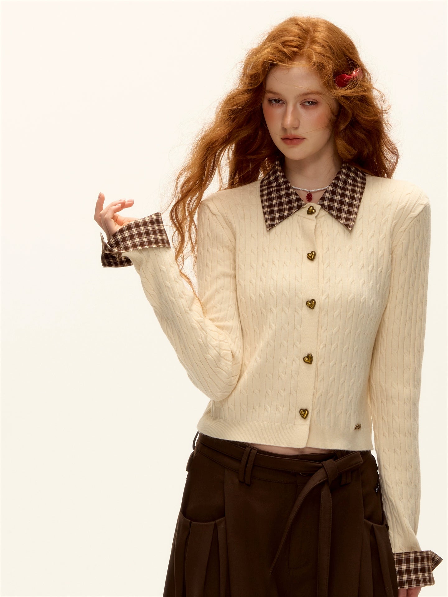 Wool Blend Plaid Patchwork Cable Knit Cardigan