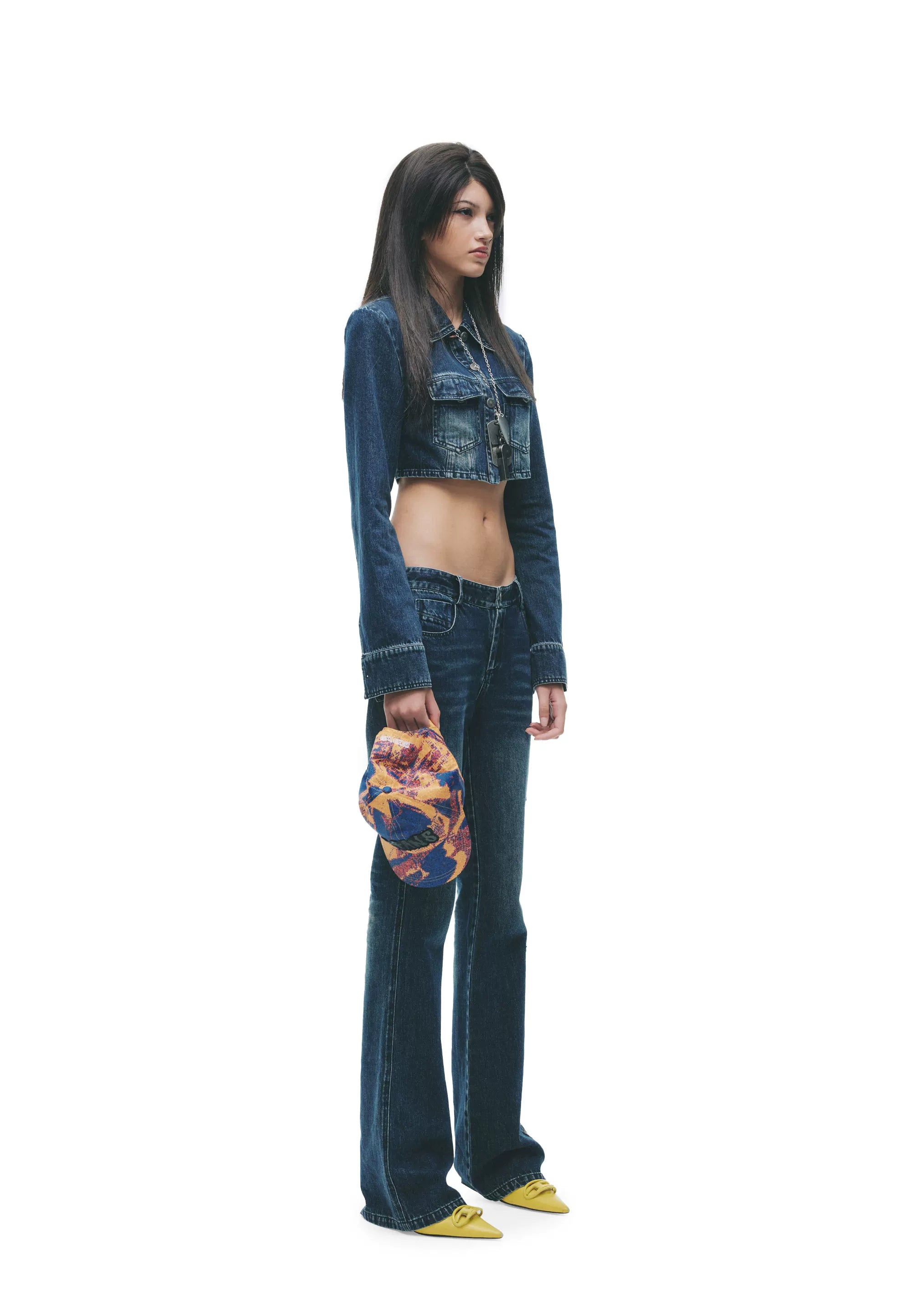 Y2K Washed Denim Cropped Set with Embroidered Patch Detail