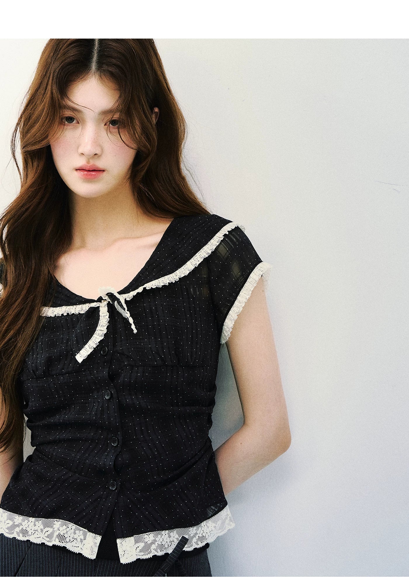 Vintage Sheer Polka Dot Sailor Collar Blouse