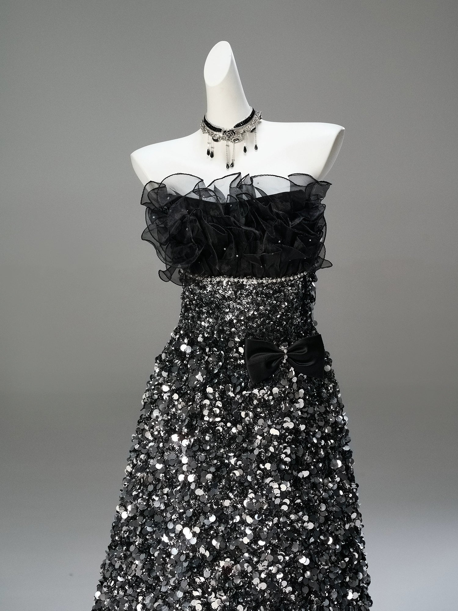Glamorous Black Couture Gown with Full-Diamond Detailing