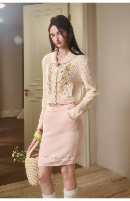 Cosagach Cream Wool Knit Cardigan &amp; Skirt Set