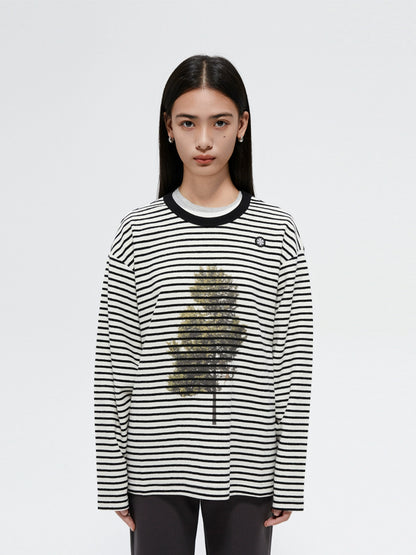 Printed Loose Striped Terry Long-Sleeve T-Shirt