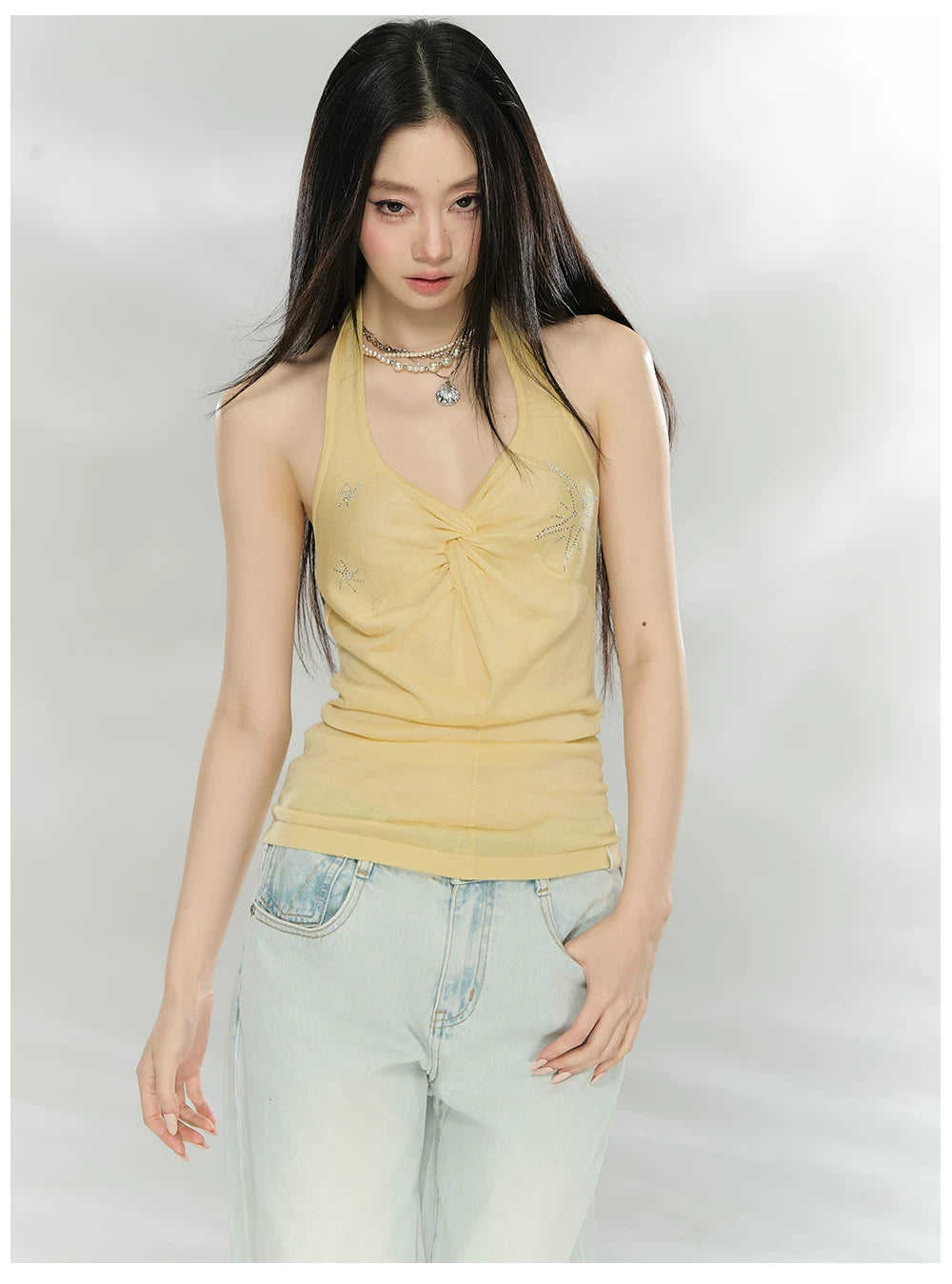 Rhinestone Knot Halter Knit Vest