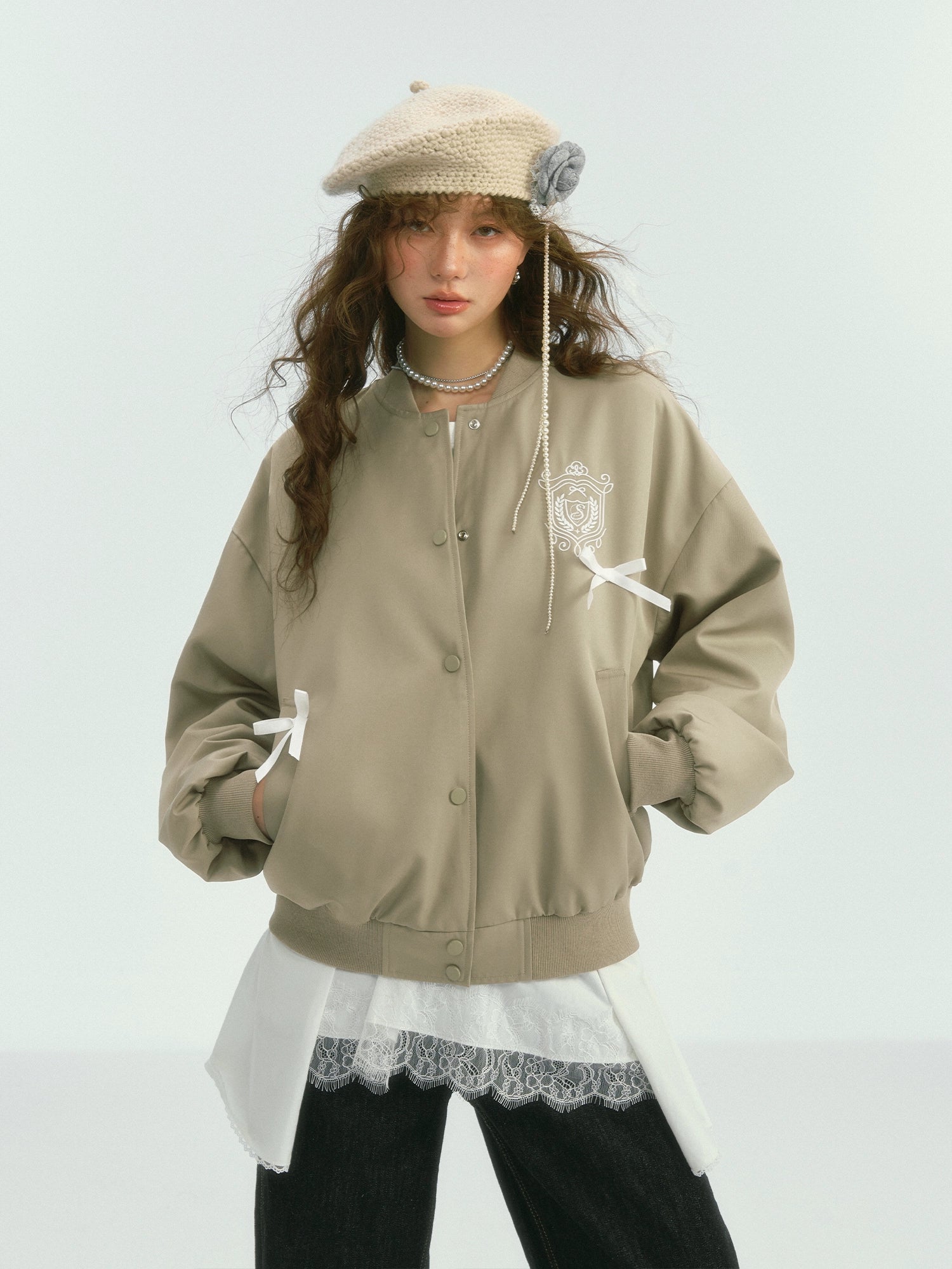 Bow Knot Badge Baseball Jacket