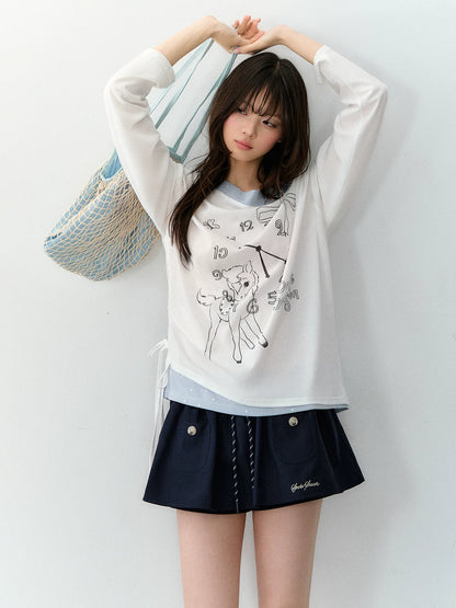 Clock Print Polka Dot Relaxed Long Sleeve blouse
