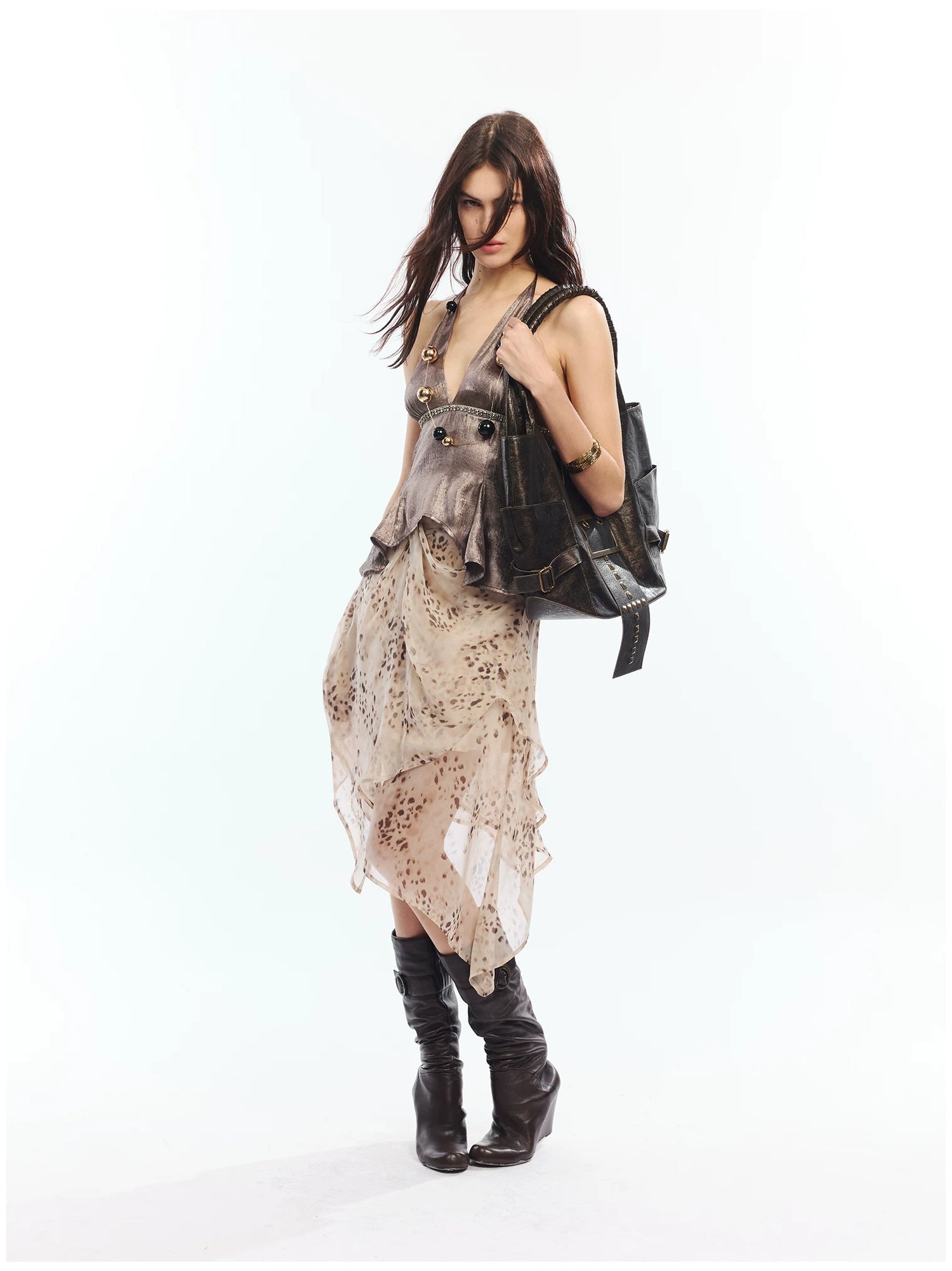 Vintage Asymmetric Leopard Print Knotted Midi Skirt