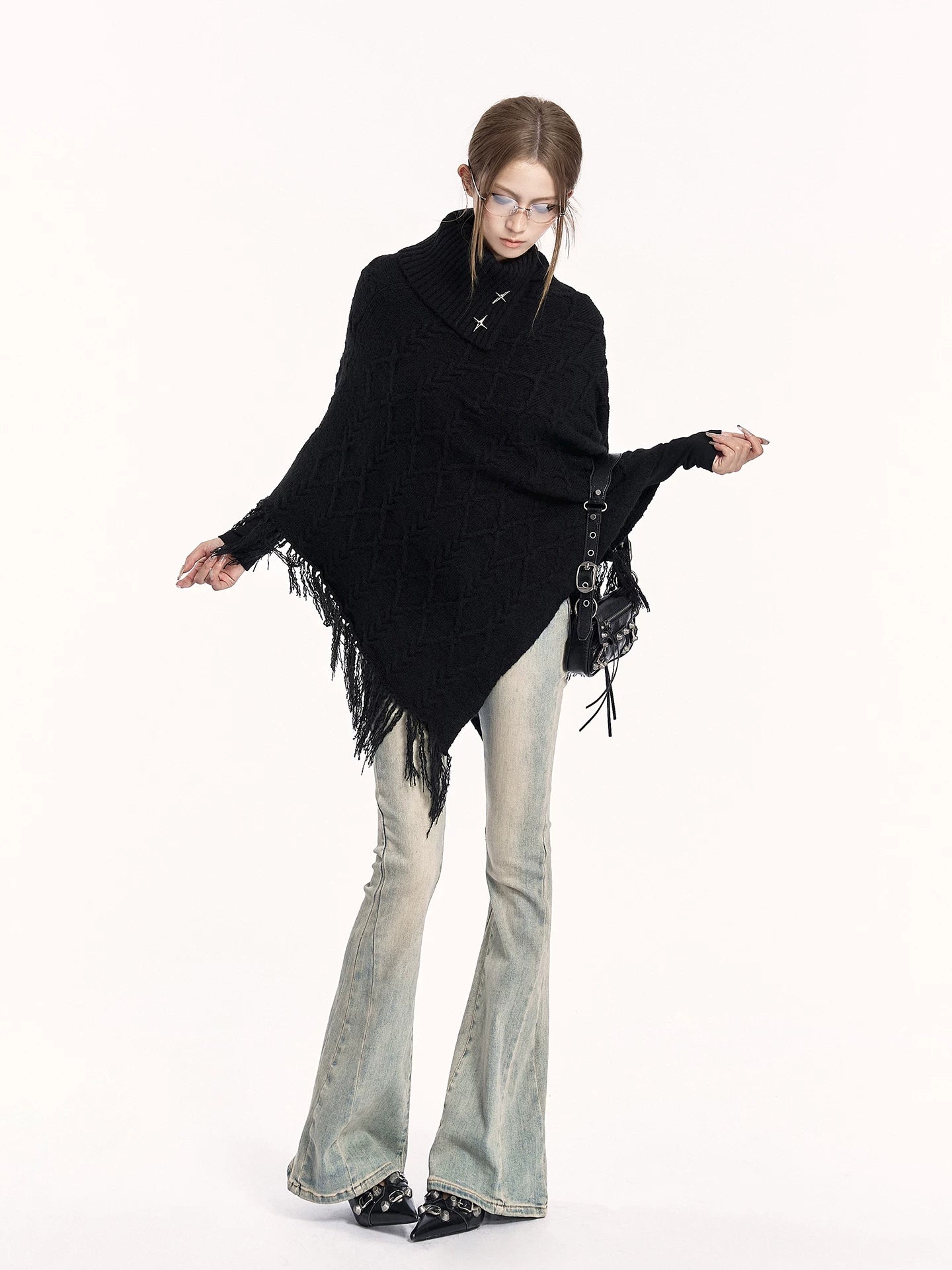 Asymmetric Knit Cape Turtleneck Sweater