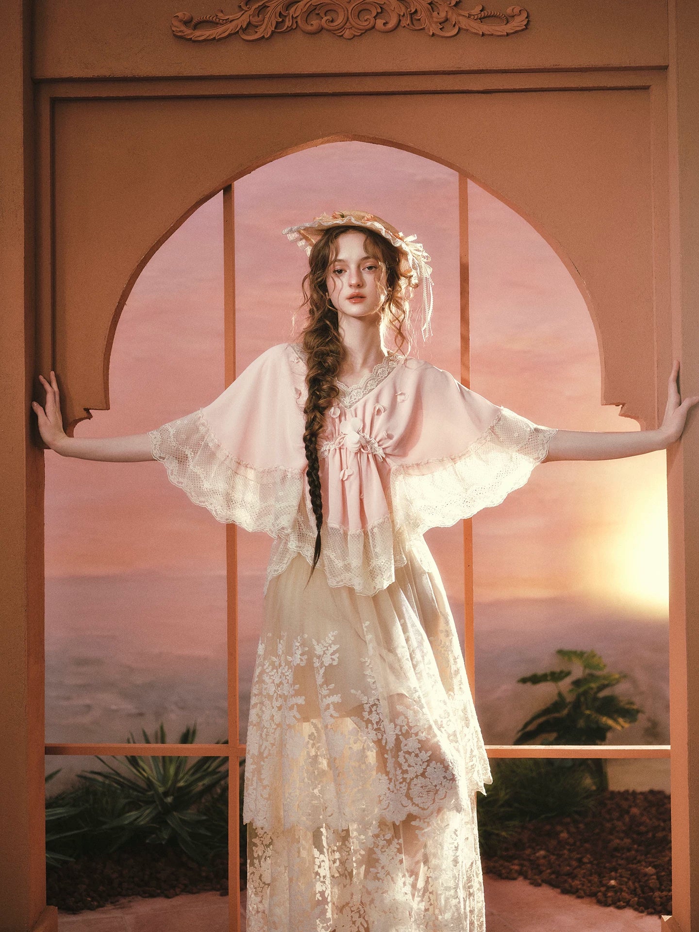 Peach Blossom Fan – French Lace V-Neck Blouse