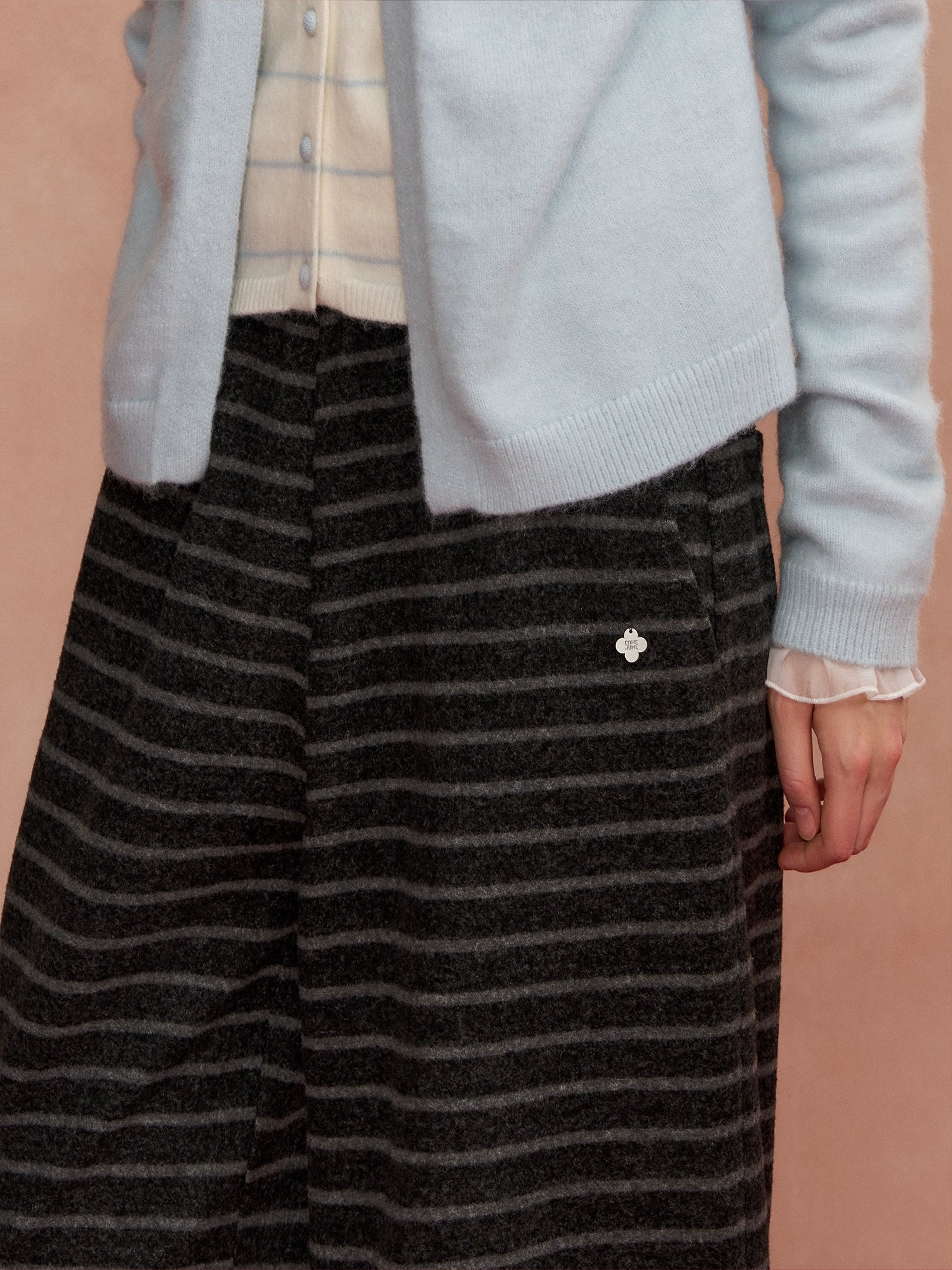 Bow-Tie Drawstring Striped Tweed Pants