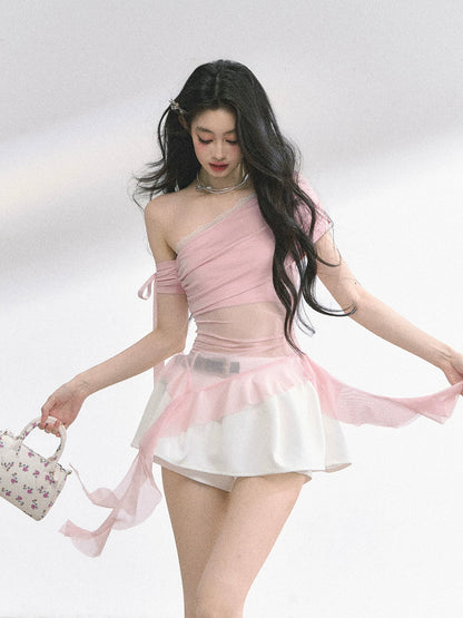 Off-Shoulder Mesh Short-Sleeve T-Shirt