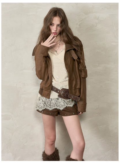 Vintage Contrast Lapel PU Leather Jacket