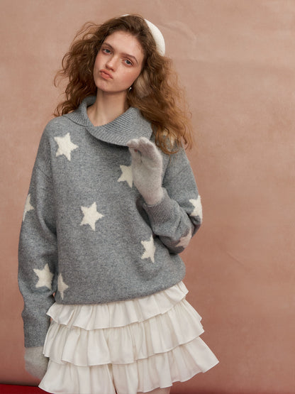 Asymmetric Star-Pattern Knit Sweater
