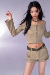 Square Neck Crop Blouse & Low-Rise Shorts Set - CHINASQUAD