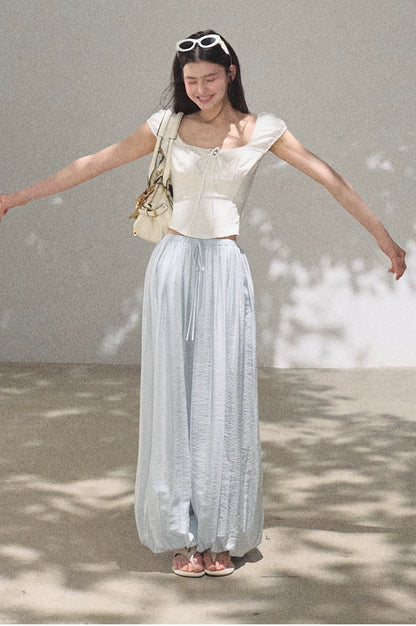 Ruched Waist Puff Sleeve Cropped T-shirt