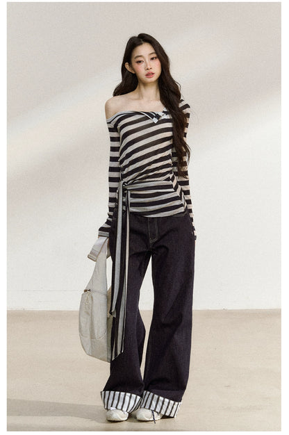 Asymmetric Stripe Off-Shoulder Tie Blouse
