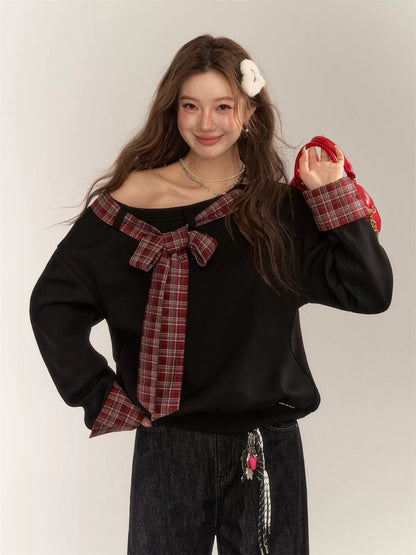 Plaid Patchwork Bow Sweatshirt