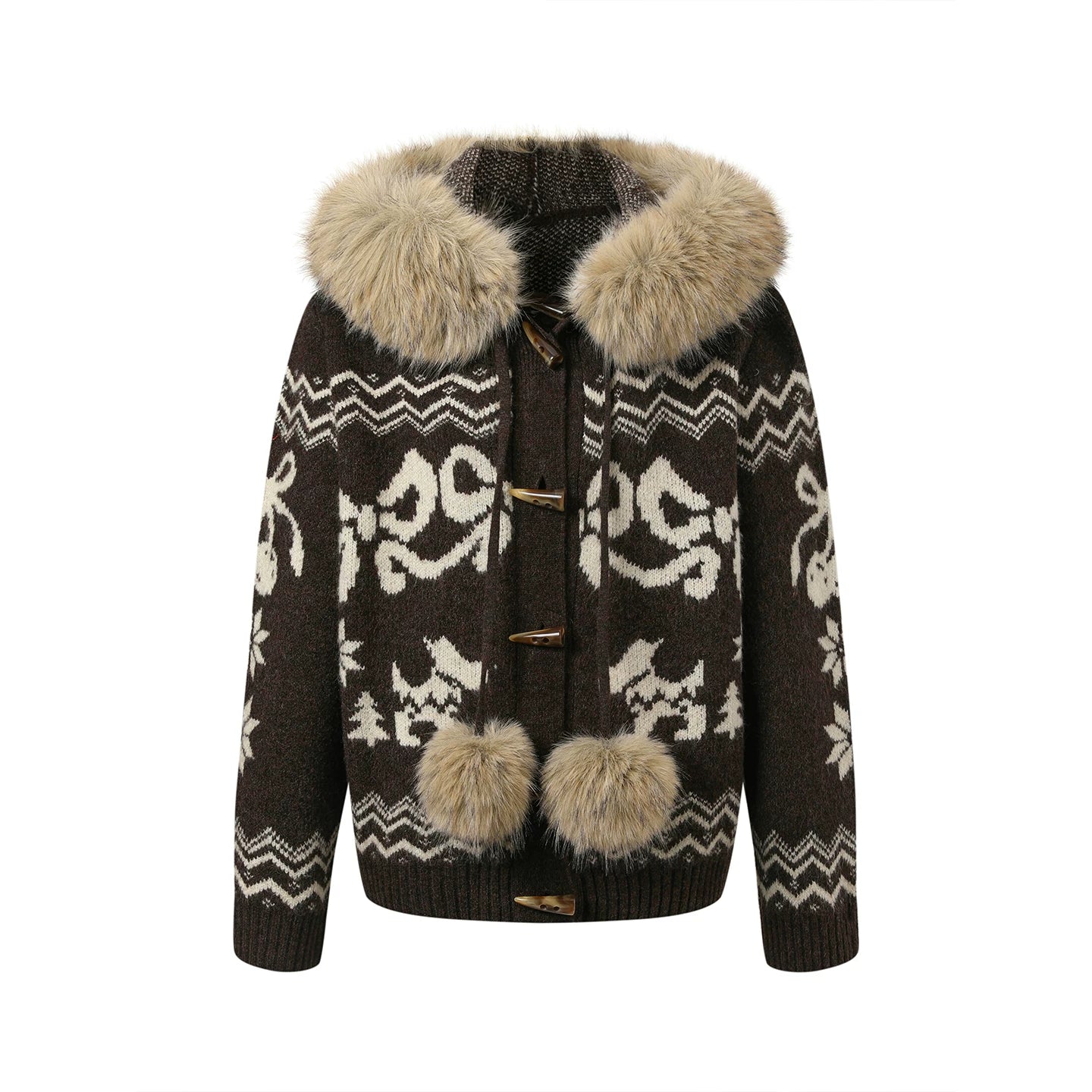 Fair Isle Fur Collar Toggle Buttons Knit Coat